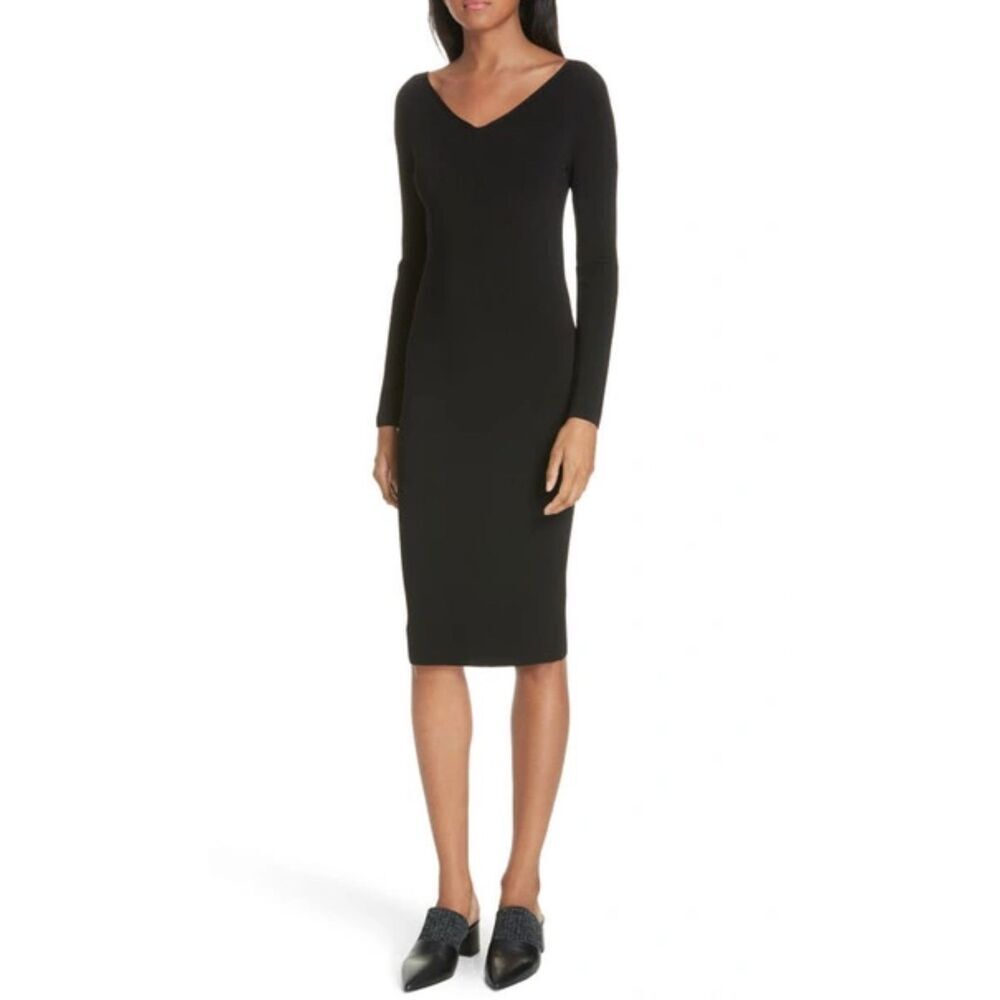 Vince Ribbed V-neck Long-sleeve Midi Dress In Black